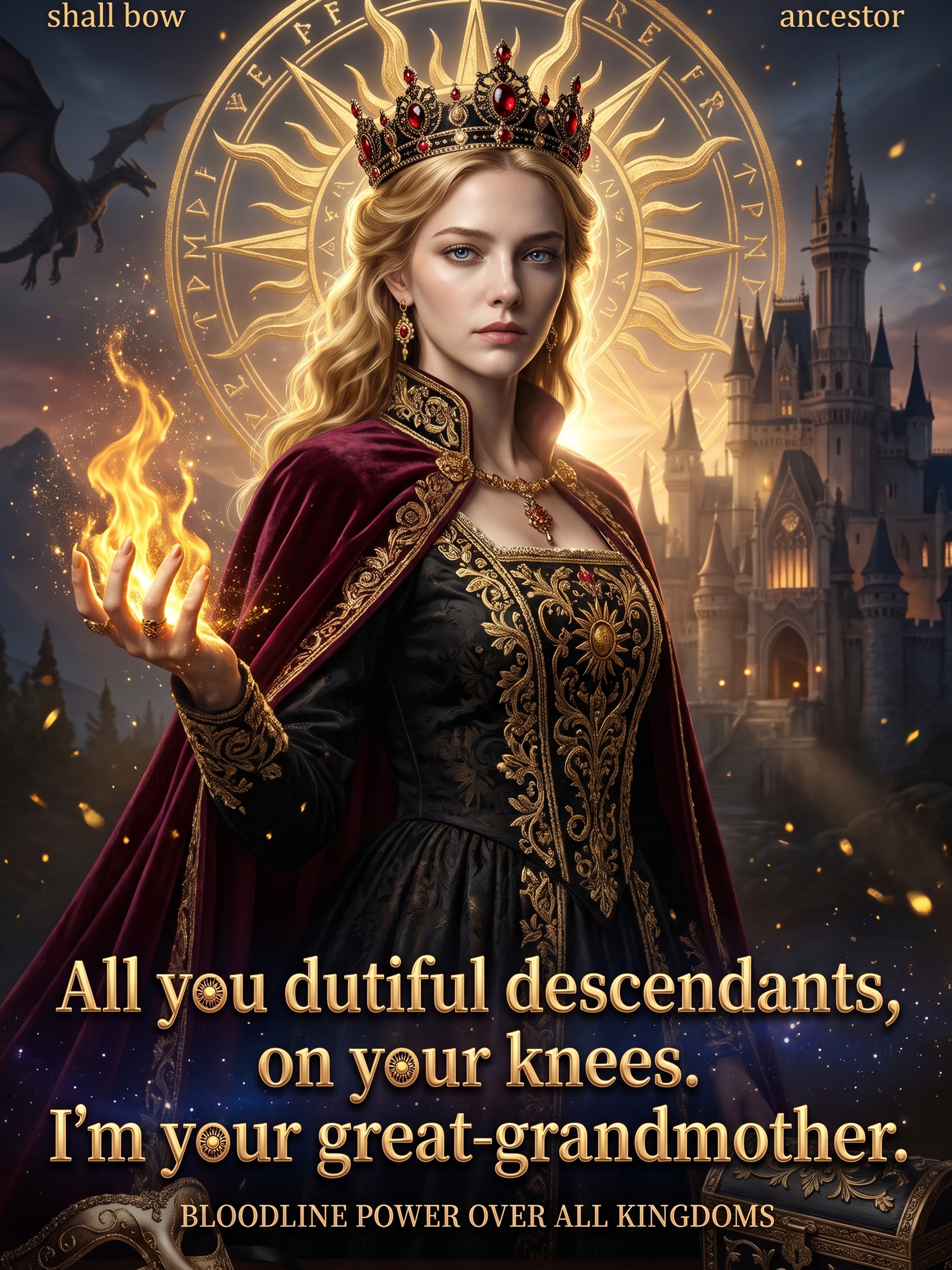 All you dutiful descendants, on your knees. I'm your great-grandmother
